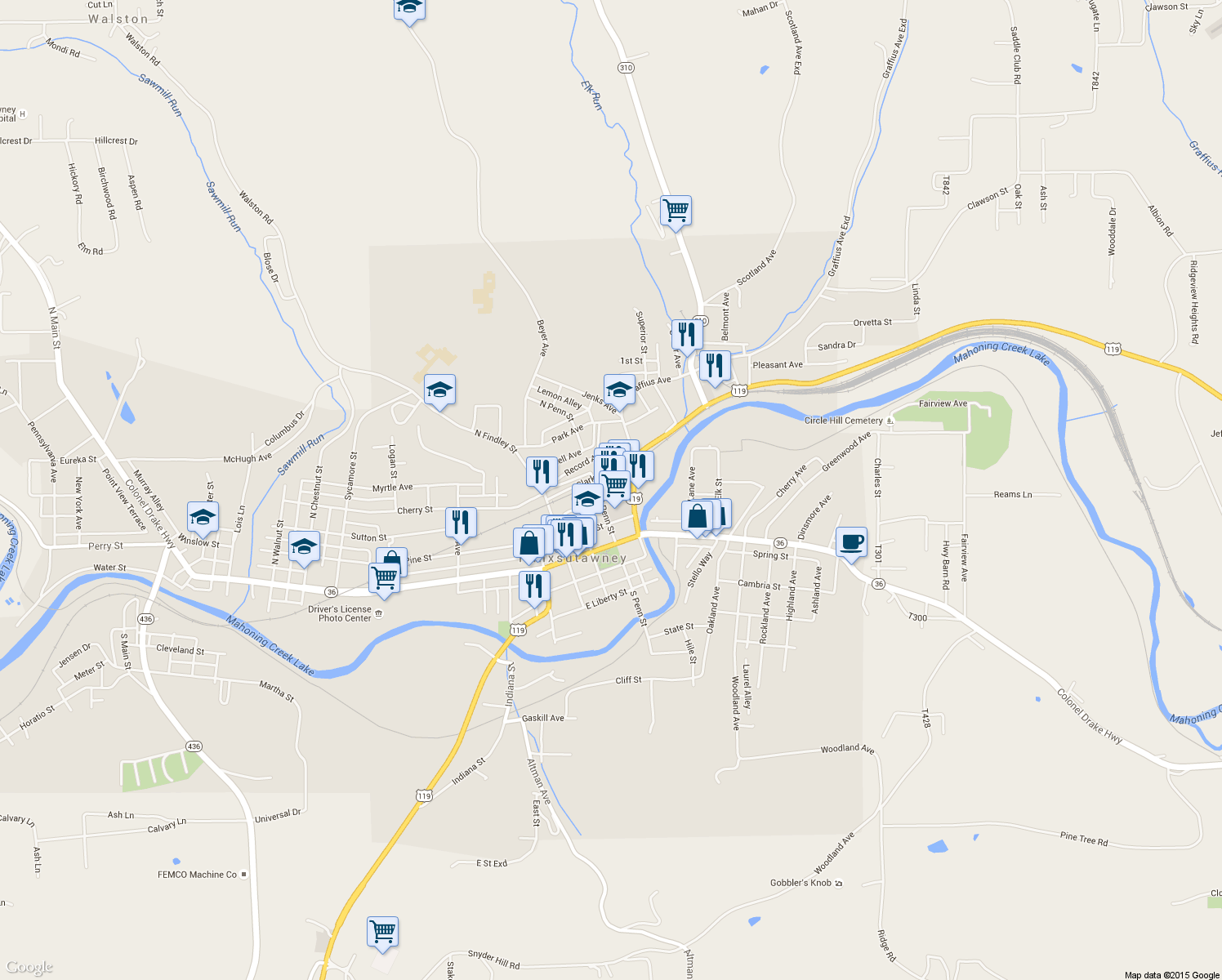 map of restaurants, bars, coffee shops, grocery stores, and more near 199 Clark Street in Punxsutawney