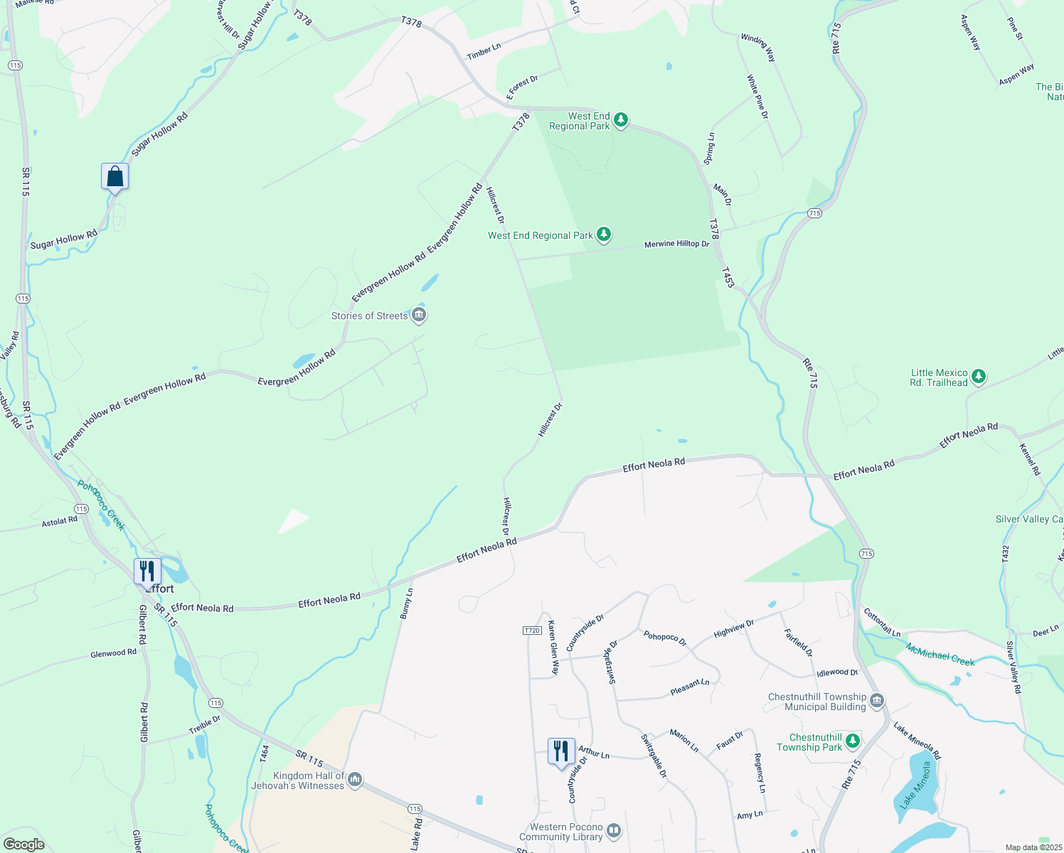 map of restaurants, bars, coffee shops, grocery stores, and more near 3183 Hillcrest Drive in Saylorsburg