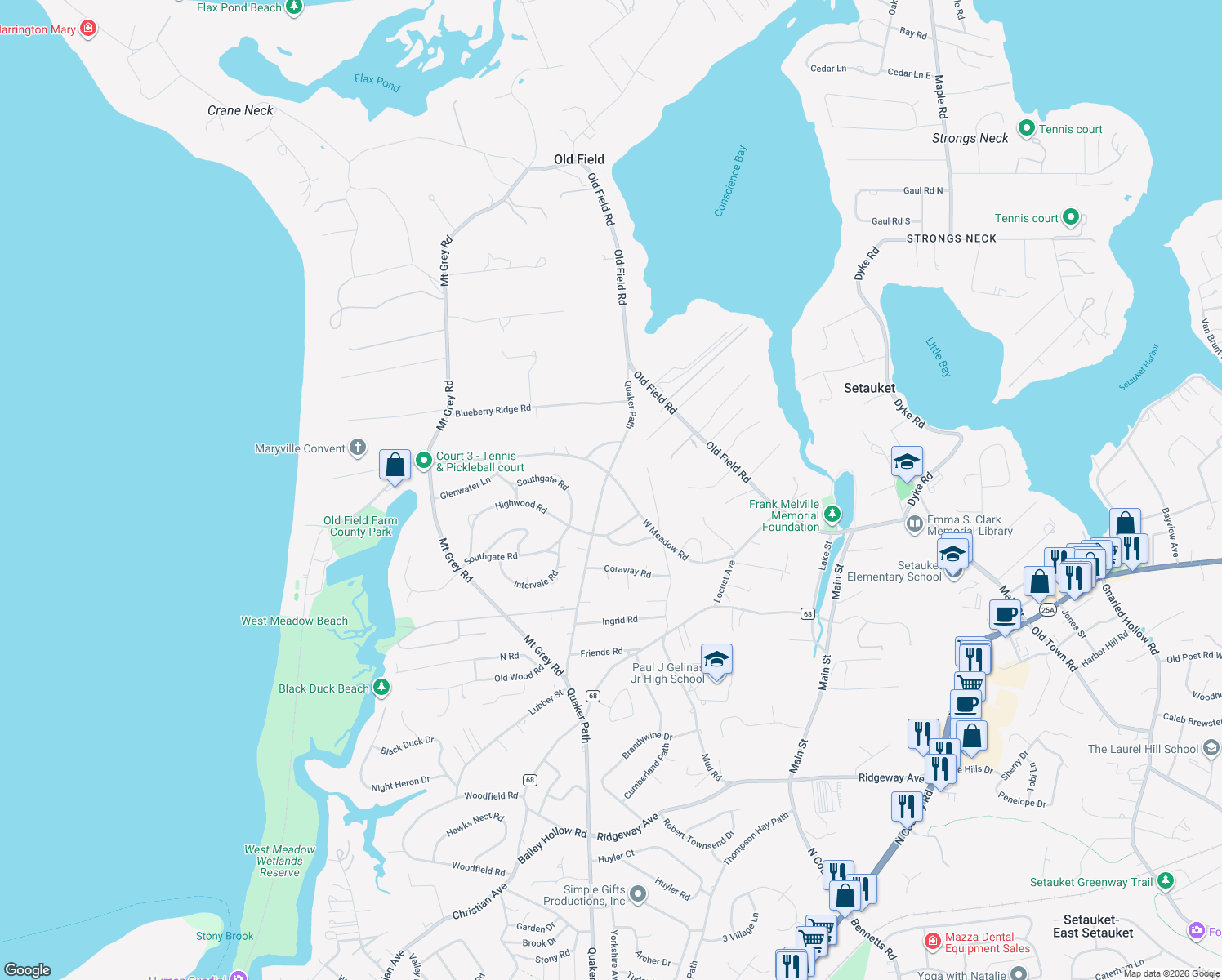 map of restaurants, bars, coffee shops, grocery stores, and more near 179 Quaker Path in Setauket- East Setauket