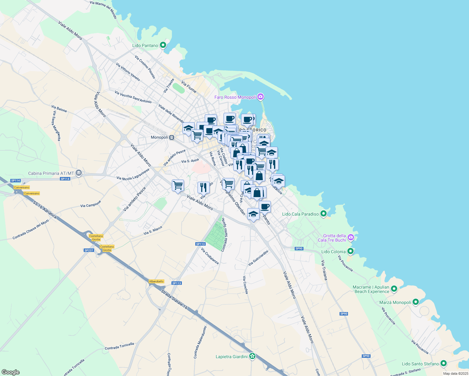 map of restaurants, bars, coffee shops, grocery stores, and more near 85 Via Cappuccini in Monopoli