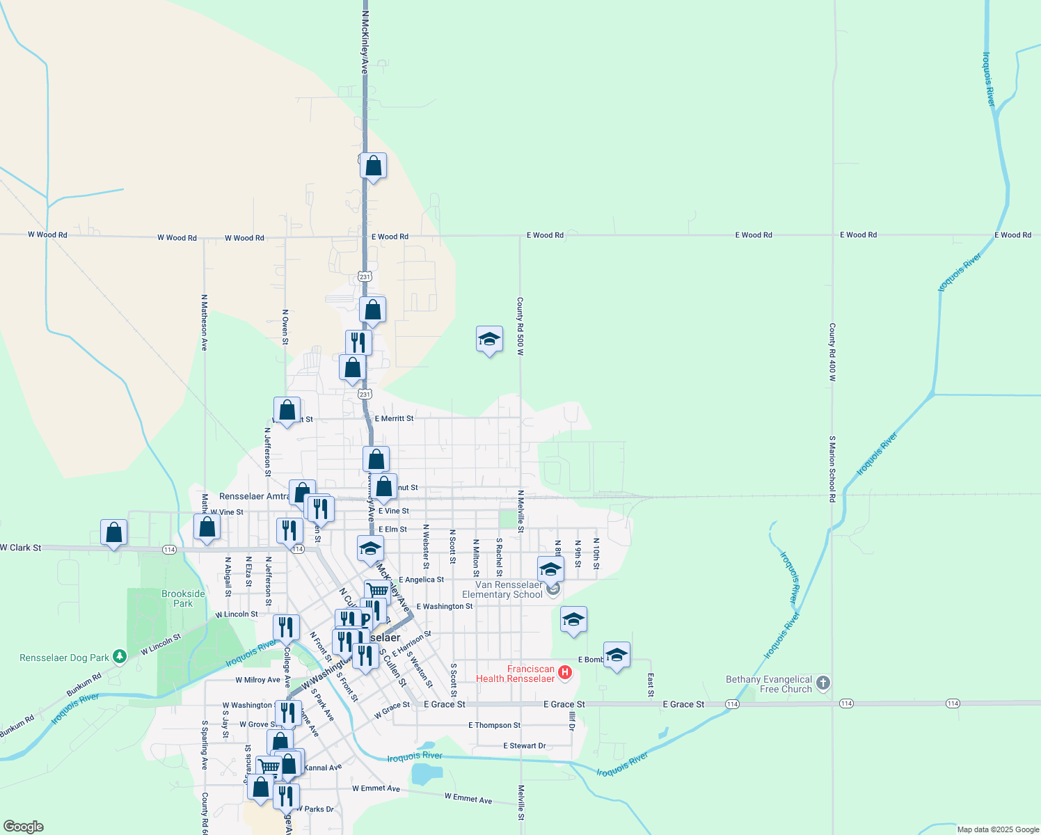 map of restaurants, bars, coffee shops, grocery stores, and more near 898 E Merritt St in Rensselaer