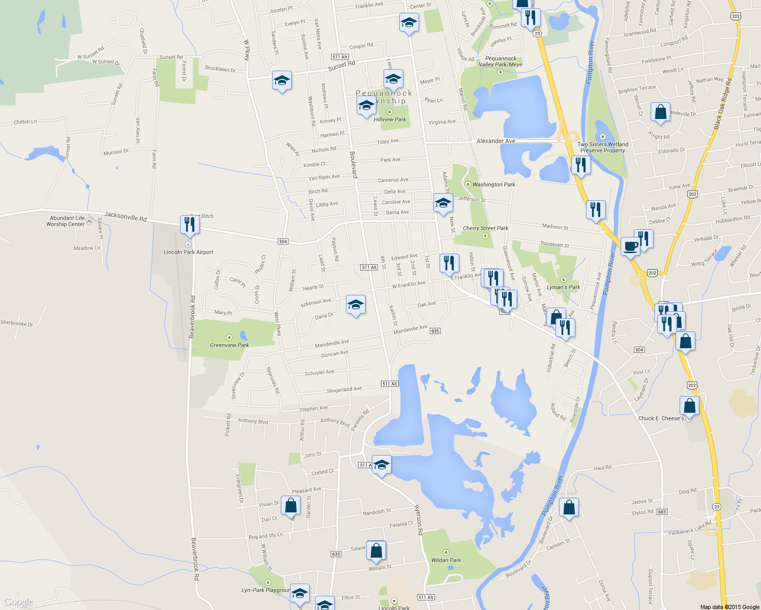 map of restaurants, bars, coffee shops, grocery stores, and more near 60 Boulevard in Pequannock
