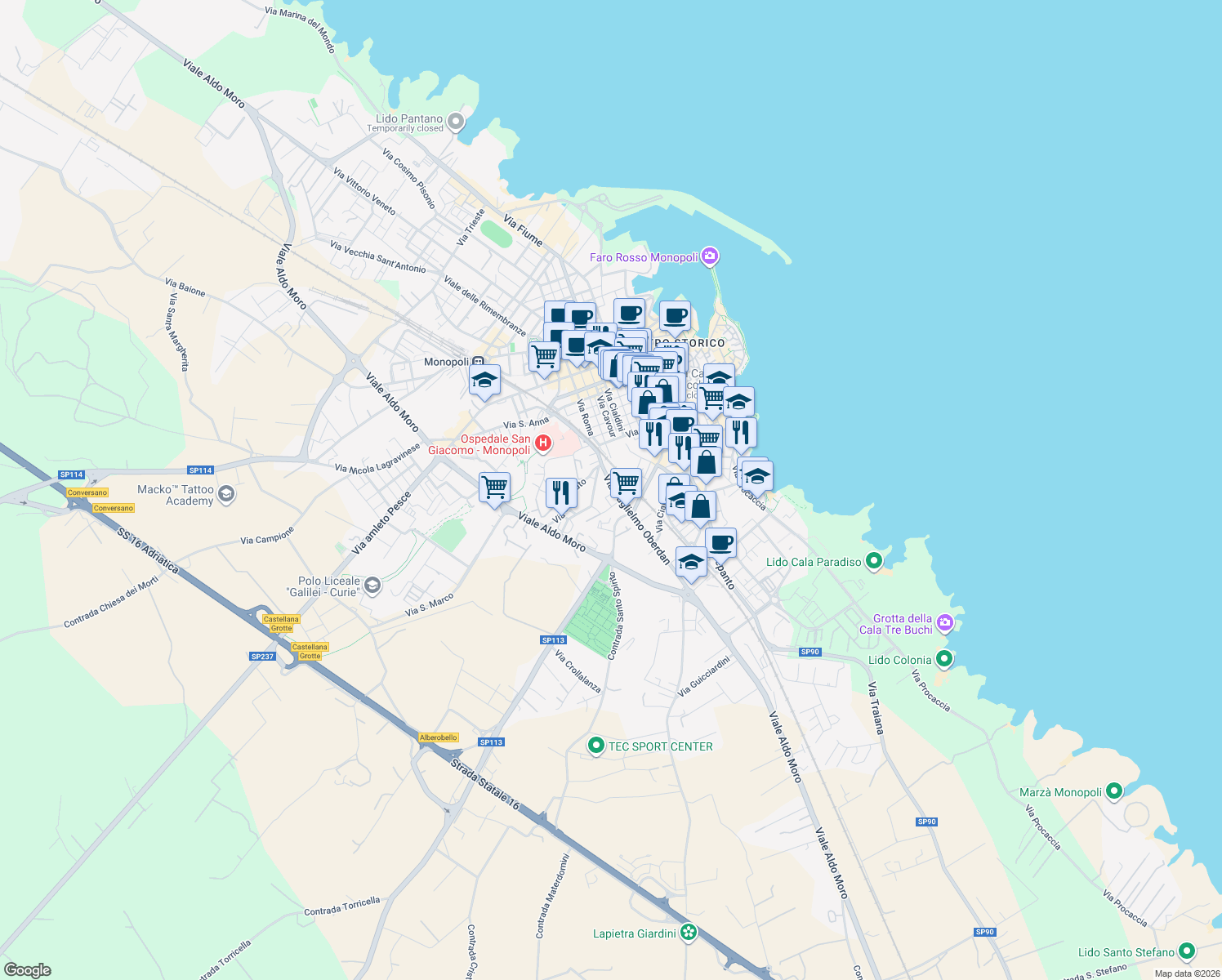 map of restaurants, bars, coffee shops, grocery stores, and more near 15 Via Guglielmo Oberdan in Monopoli