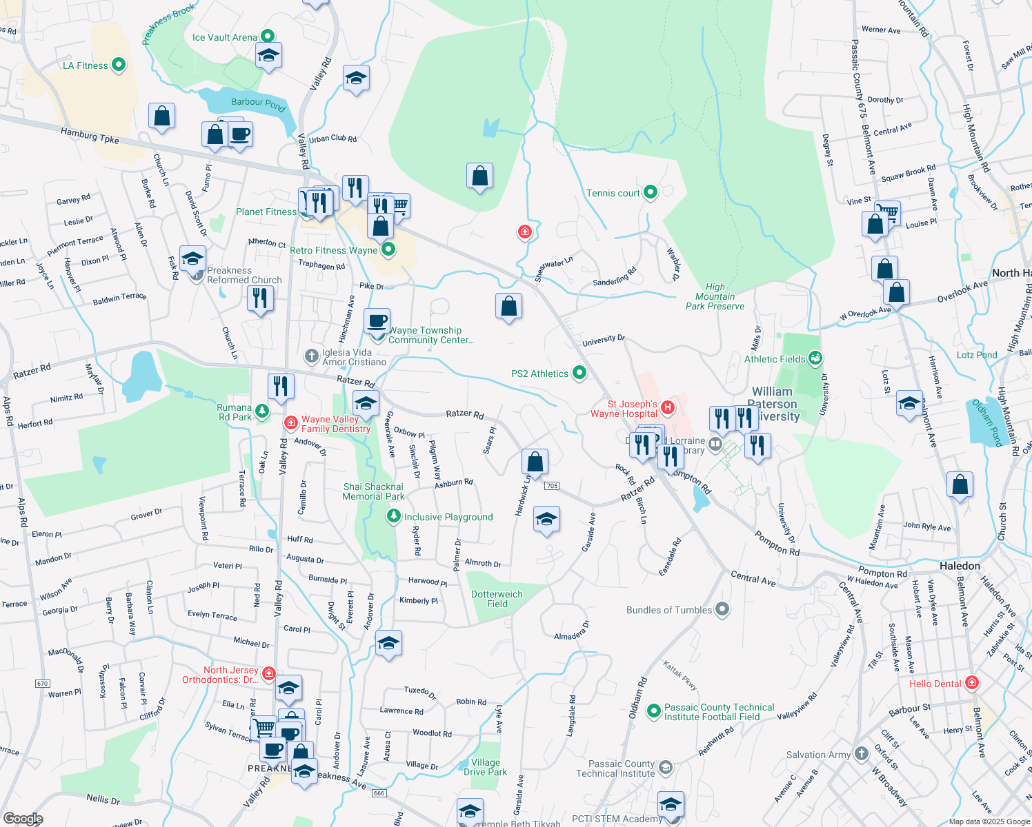 map of restaurants, bars, coffee shops, grocery stores, and more near 84 Berkley Court in Wayne