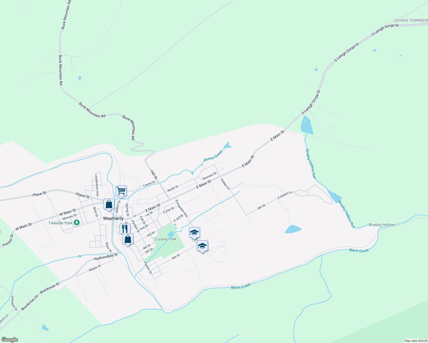 map of restaurants, bars, coffee shops, grocery stores, and more near 949 Norman Street in Weatherly