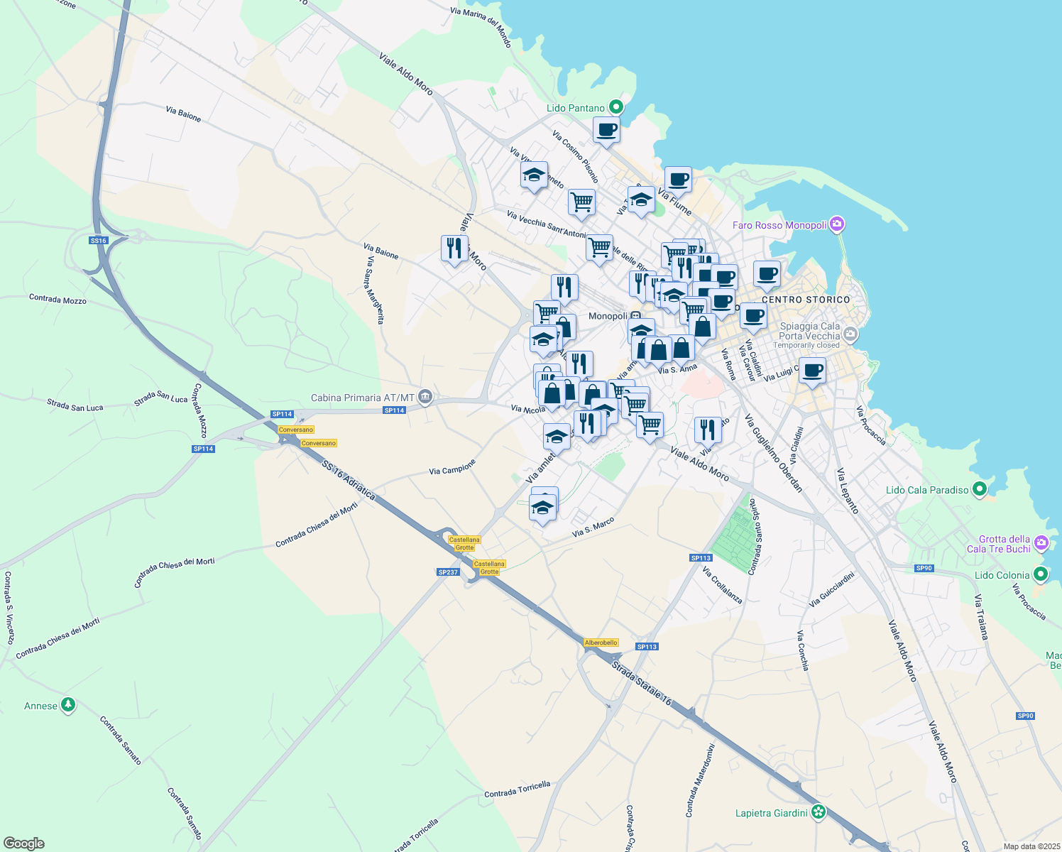 map of restaurants, bars, coffee shops, grocery stores, and more near 17 Via Francesco Antonio Glianes in Monopoli