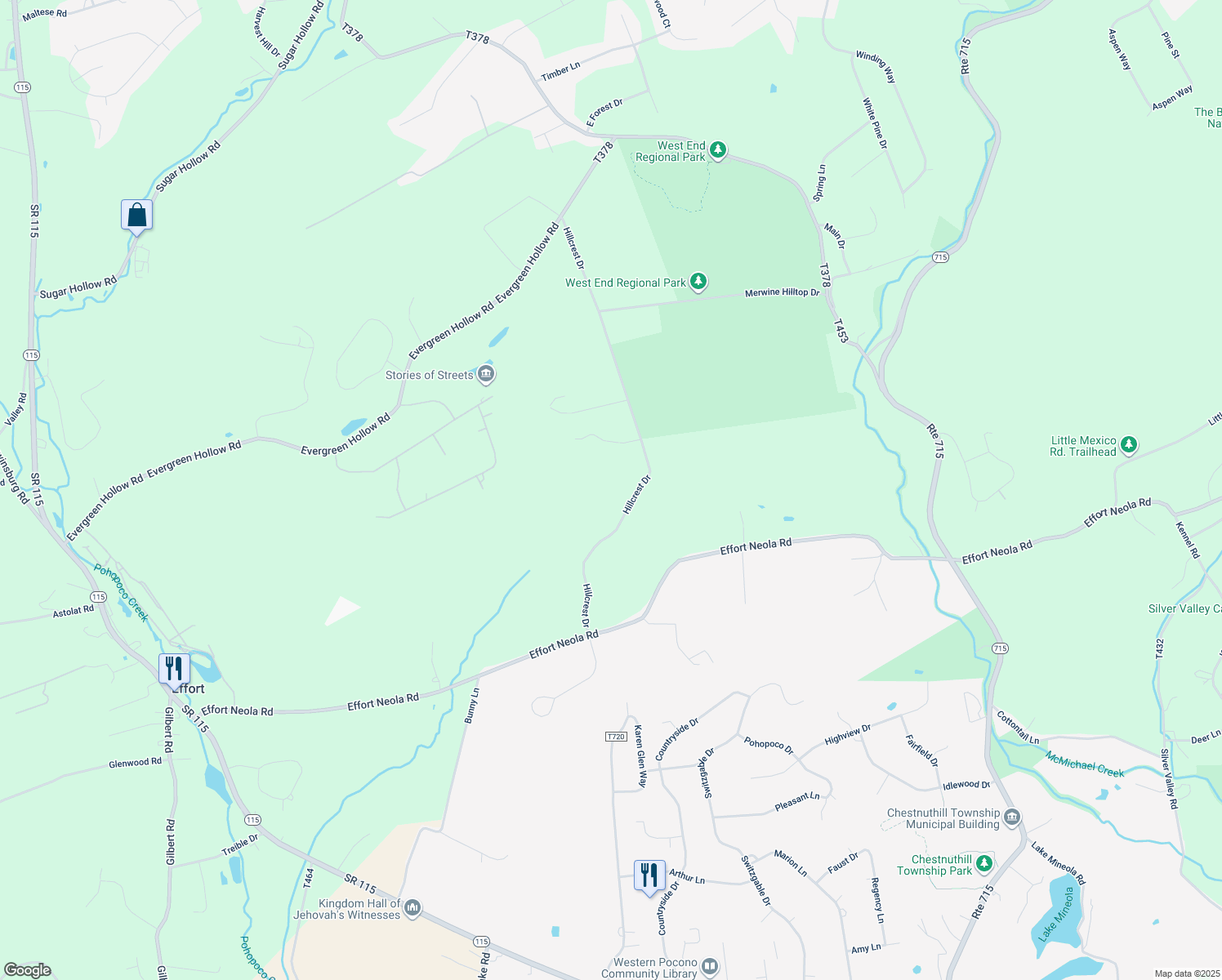 map of restaurants, bars, coffee shops, grocery stores, and more near 3183 Hillcrest Drive in Saylorsburg