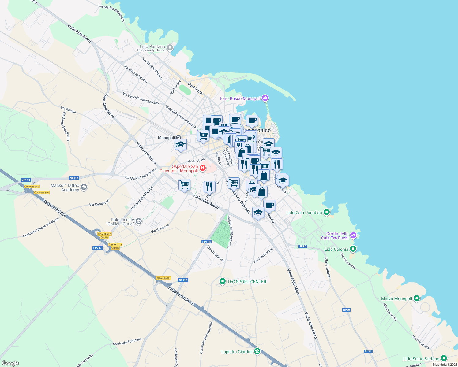 map of restaurants, bars, coffee shops, grocery stores, and more near 15 Via Guglielmo Oberdan in Monopoli
