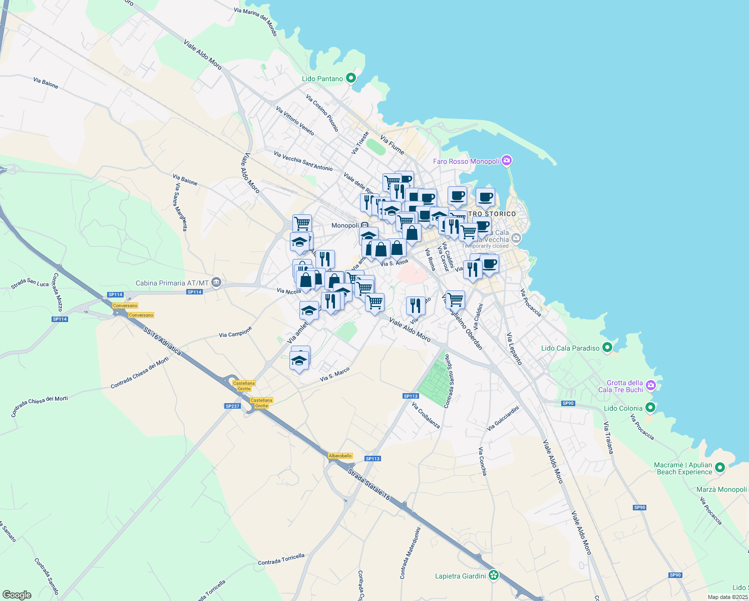 map of restaurants, bars, coffee shops, grocery stores, and more near Via Raffaello Sanzio in Monopoli