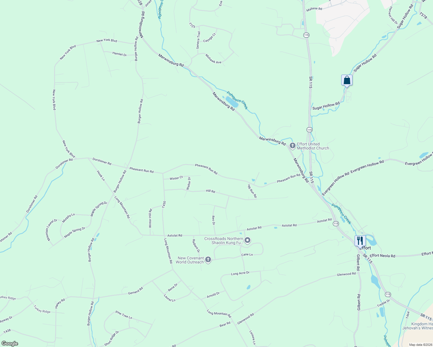 map of restaurants, bars, coffee shops, grocery stores, and more near Pheasant Run Road in Effort