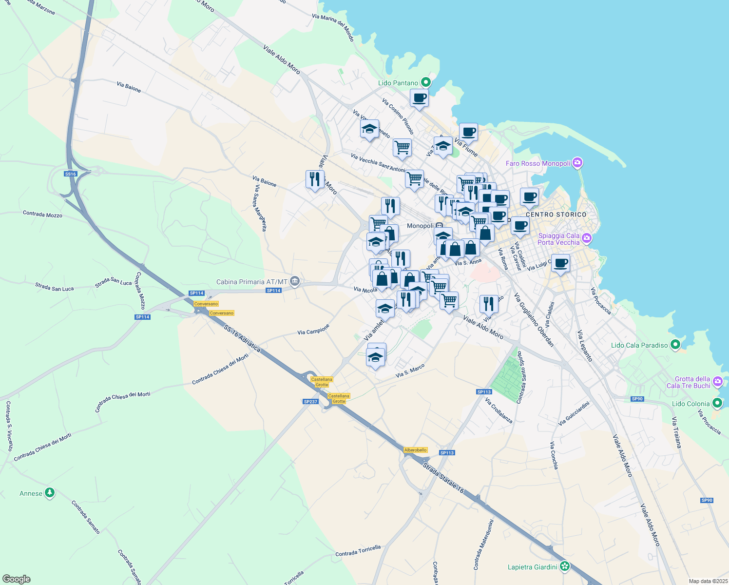 map of restaurants, bars, coffee shops, grocery stores, and more near 17 Via Francesco Antonio Glianes in Monopoli