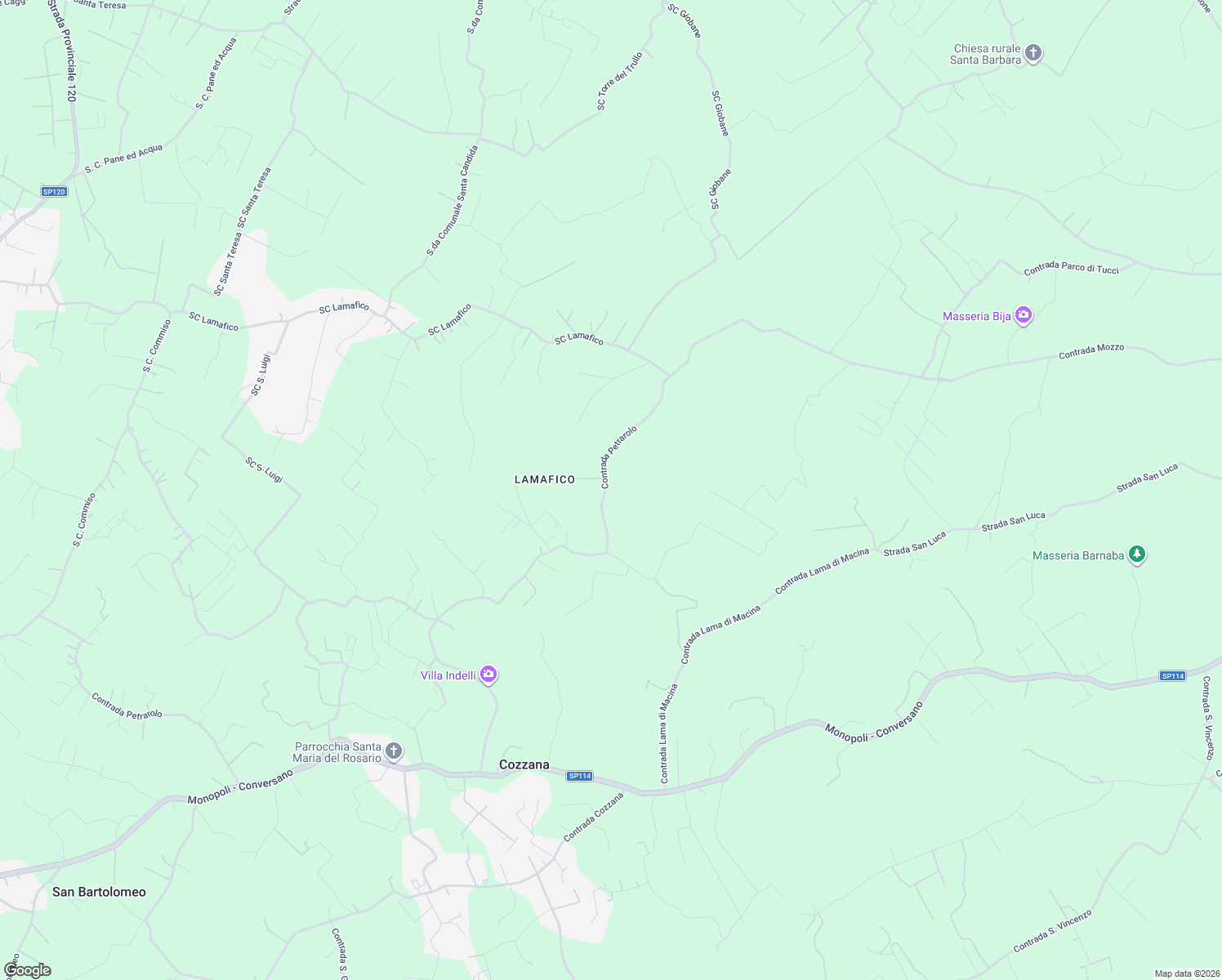 map of restaurants, bars, coffee shops, grocery stores, and more near 160 Contrada Lama di Macina in Città Metropolitana di Bari