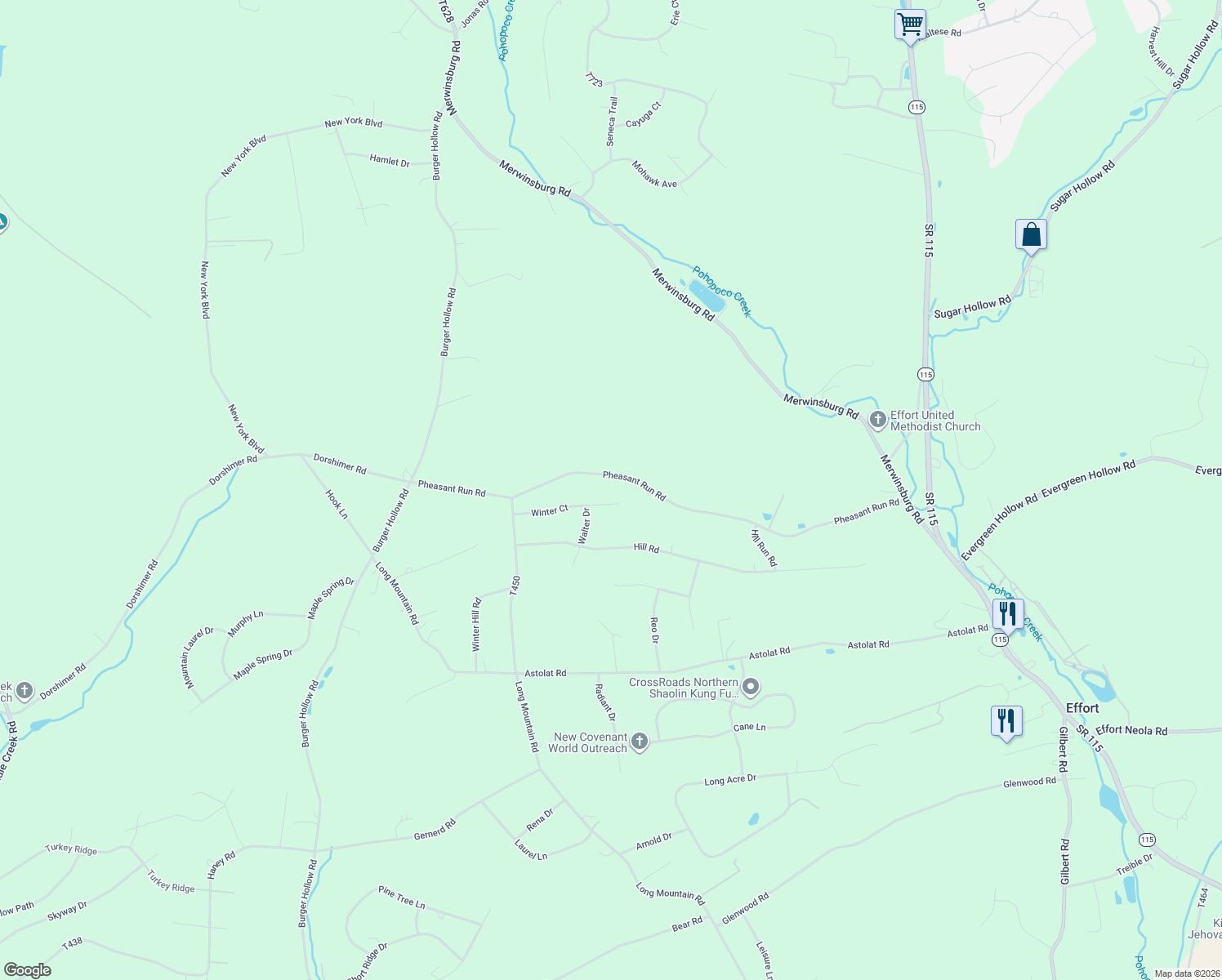 map of restaurants, bars, coffee shops, grocery stores, and more near Pheasant Run Rd in Effort