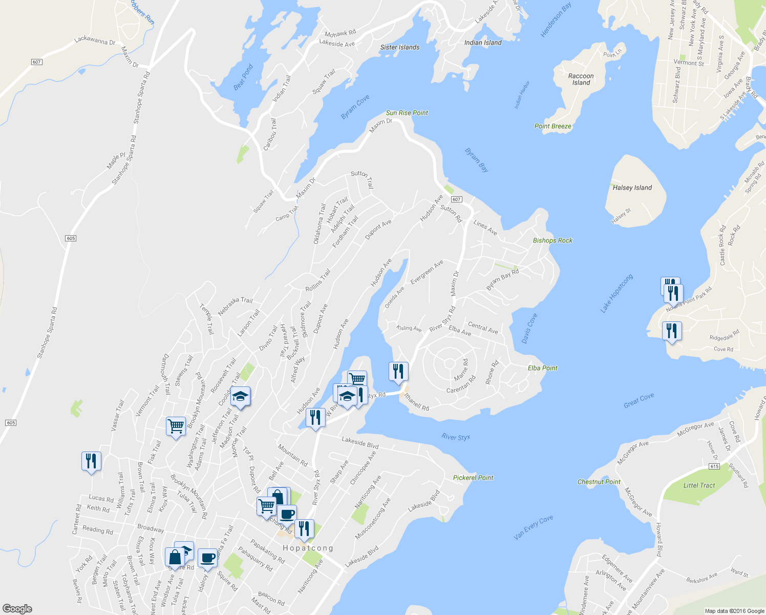 map of restaurants, bars, coffee shops, grocery stores, and more near 16 Oneida Avenue in Hopatcong