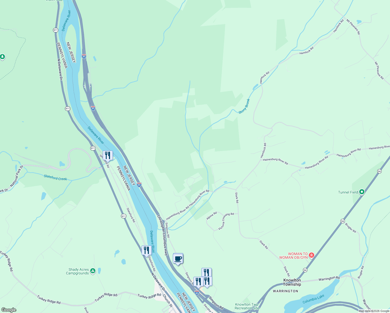 map of restaurants, bars, coffee shops, grocery stores, and more near 113 Stonybrook Road in Knowlton Township