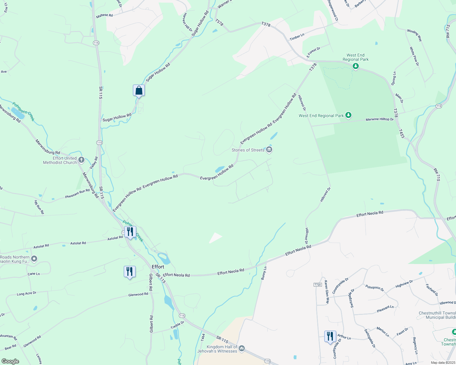 map of restaurants, bars, coffee shops, grocery stores, and more near 182 Comanche Pines Road in Effort