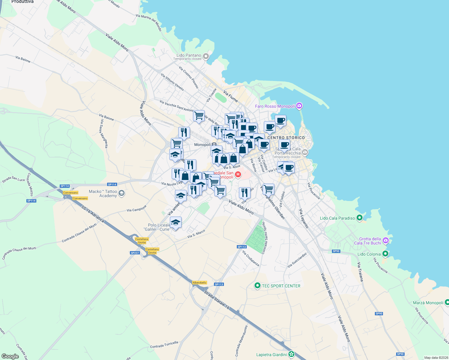 map of restaurants, bars, coffee shops, grocery stores, and more near 17 Traversa I Sant'Anna in Monopoli