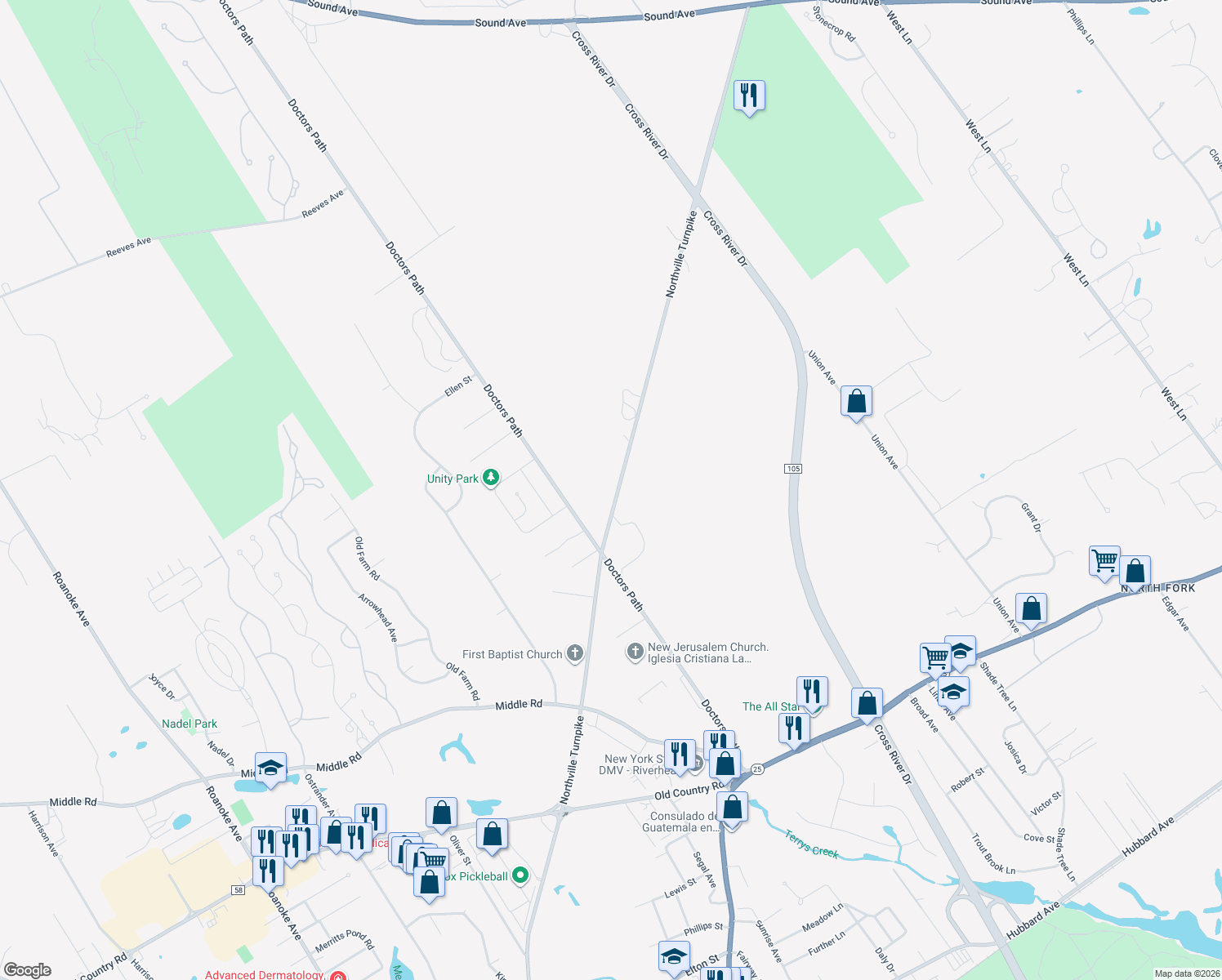 map of restaurants, bars, coffee shops, grocery stores, and more near 1232 Northville Turnpike in Riverhead