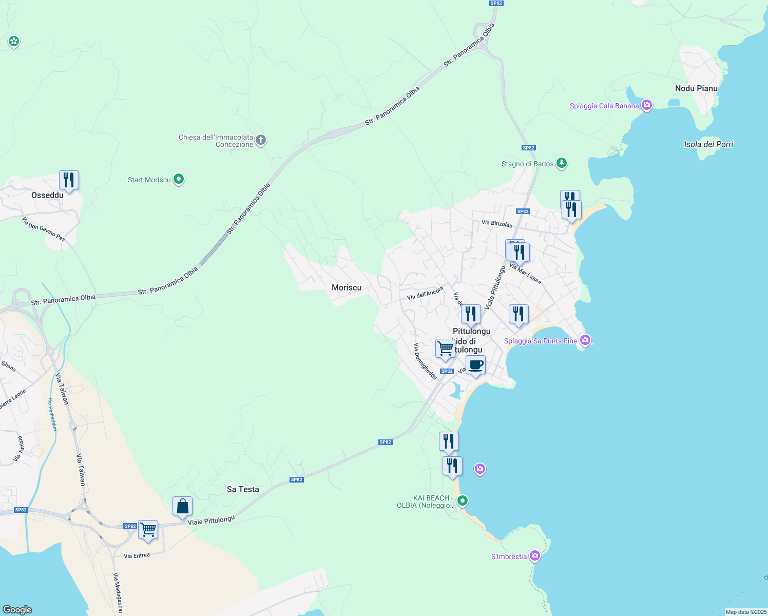 map of restaurants, bars, coffee shops, grocery stores, and more near 13 Via Giuanne Secche in Provincia di Sassari