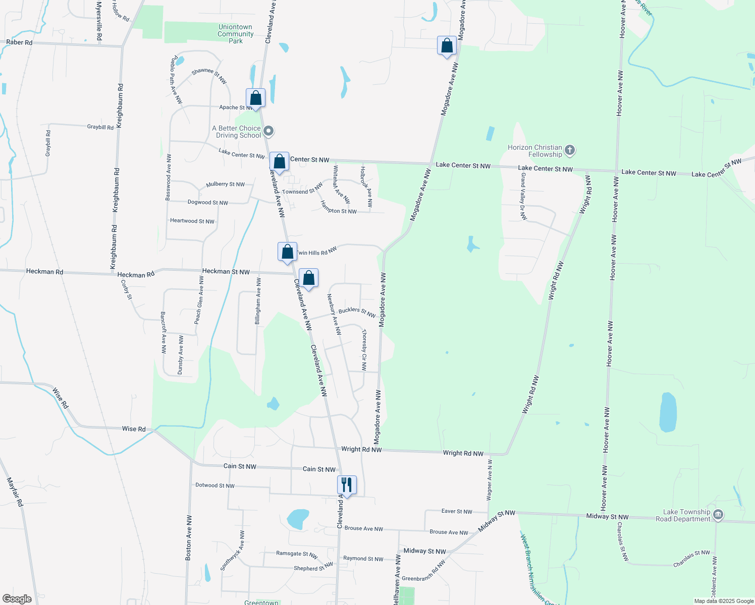 map of restaurants, bars, coffee shops, grocery stores, and more near 3030 Skipton Cir NW in Uniontown