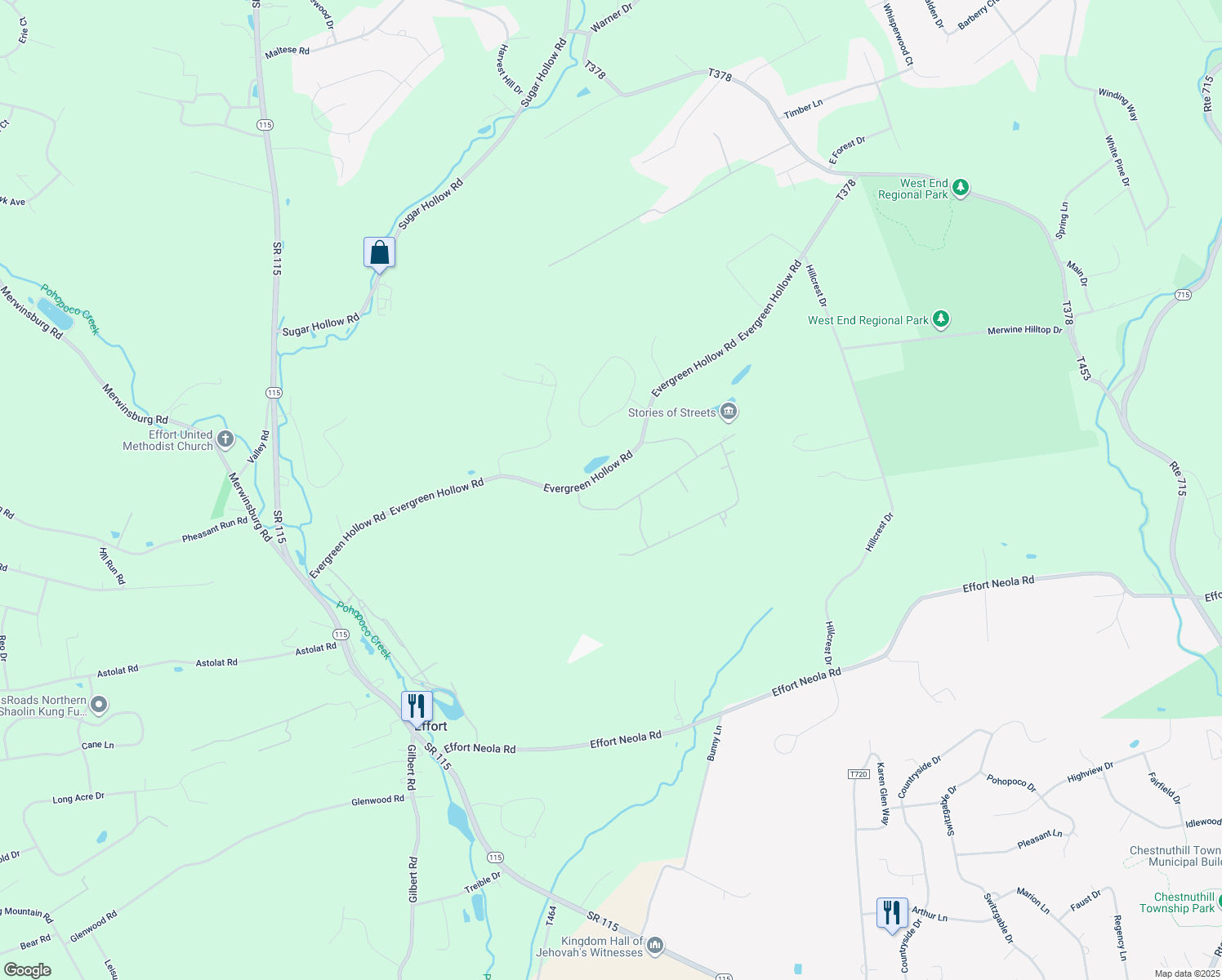 map of restaurants, bars, coffee shops, grocery stores, and more near 182 Comanche Pines Road in Effort