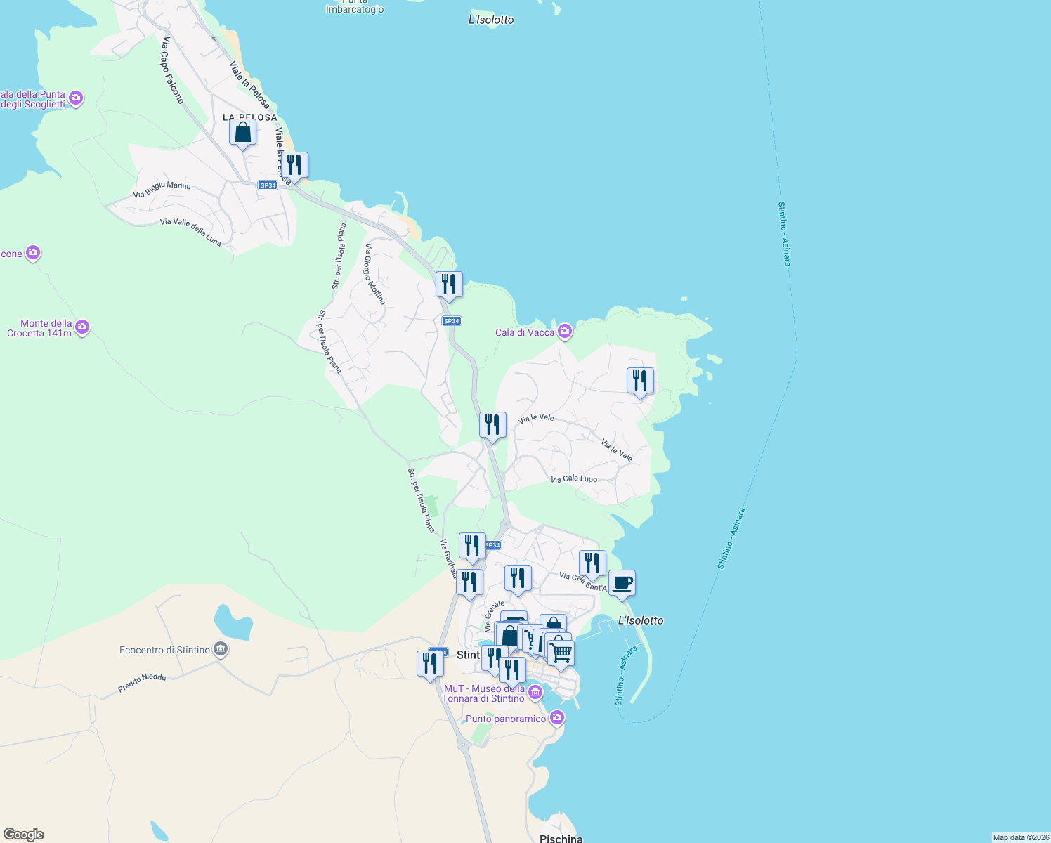 map of restaurants, bars, coffee shops, grocery stores, and more near 24 Via le Vele in Stintino