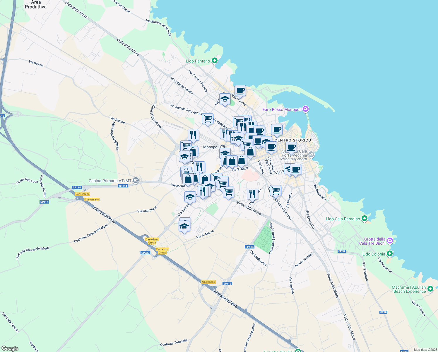 map of restaurants, bars, coffee shops, grocery stores, and more near 5 Piazza San Anna in Monopoli
