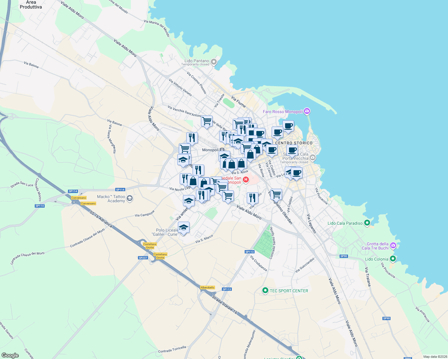 map of restaurants, bars, coffee shops, grocery stores, and more near 17 Traversa I Sant'Anna in Monopoli