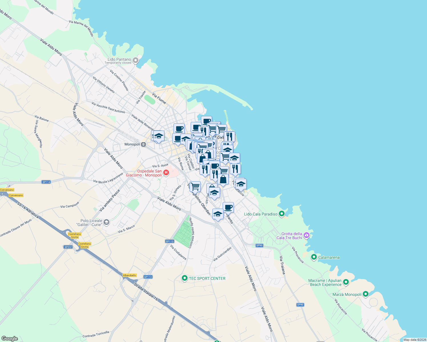 map of restaurants, bars, coffee shops, grocery stores, and more near 1 Via Europa Libera in Monopoli