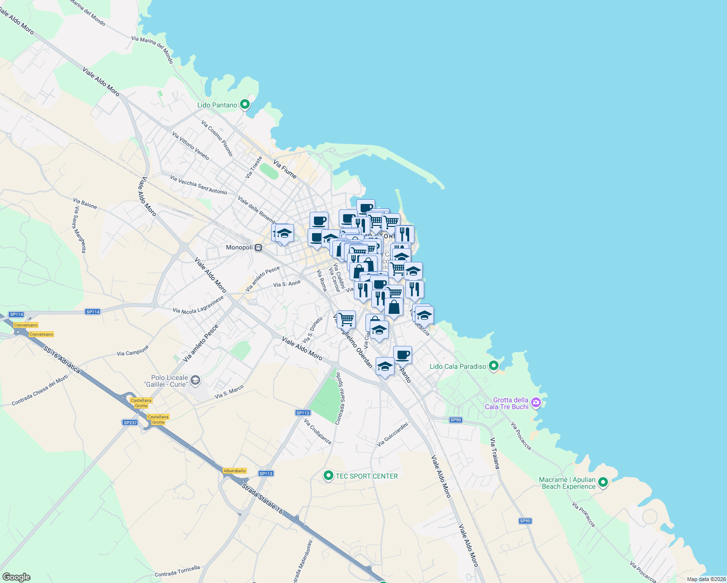map of restaurants, bars, coffee shops, grocery stores, and more near 1 Via Europa Libera in Monopoli