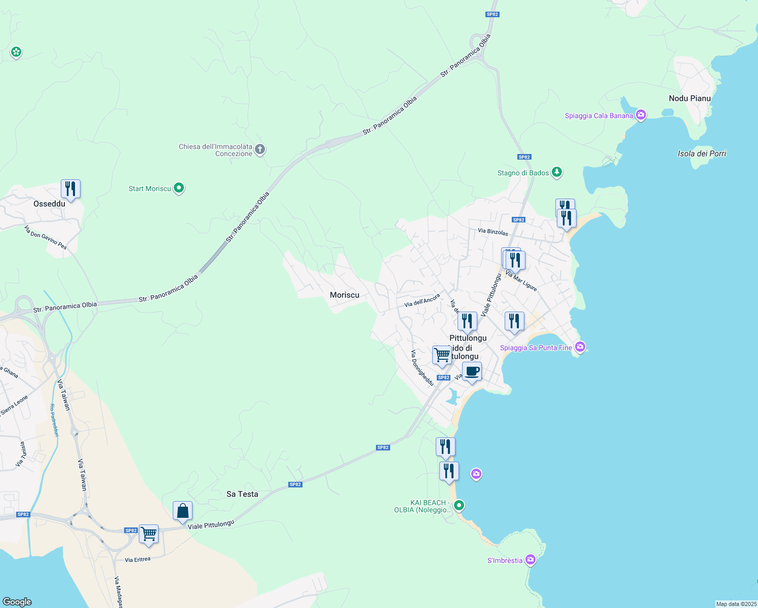 map of restaurants, bars, coffee shops, grocery stores, and more near 13 Via Giuanne Secche in Provincia di Sassari