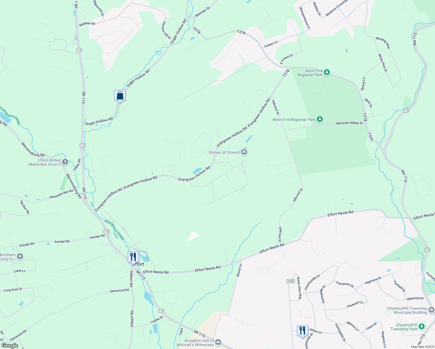 map of restaurants, bars, coffee shops, grocery stores, and more near 152 Comanche Pines Road in Effort