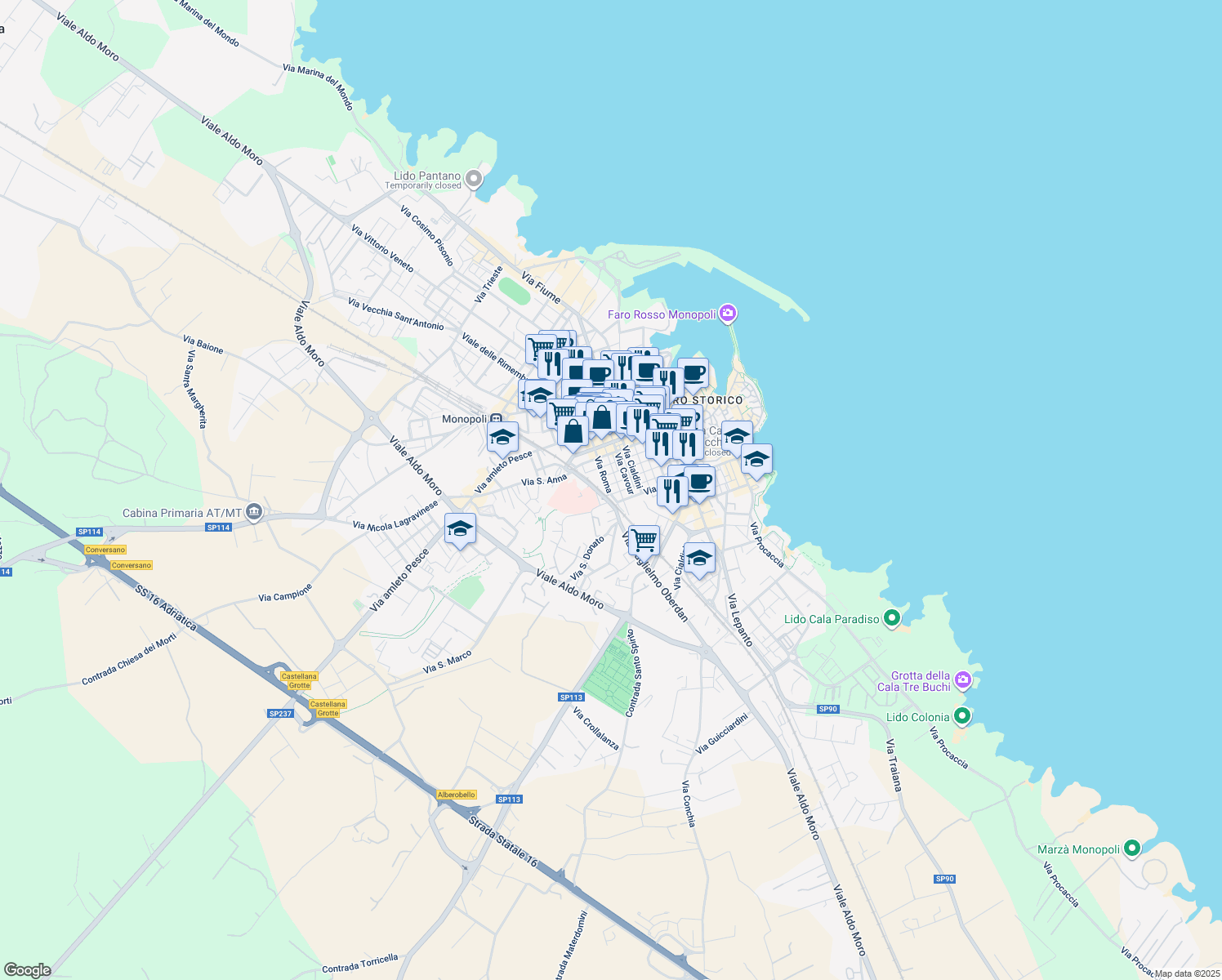 map of restaurants, bars, coffee shops, grocery stores, and more near 26 Via Roma in Monopoli