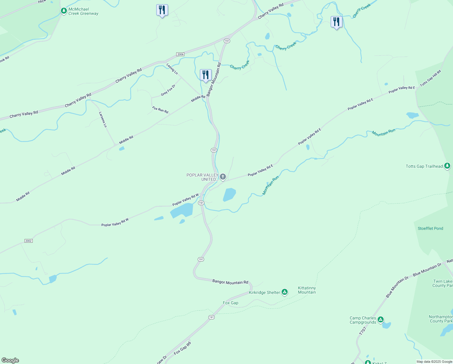 map of restaurants, bars, coffee shops, grocery stores, and more near 1038 Poplar Valley Road East in Stroudsburg
