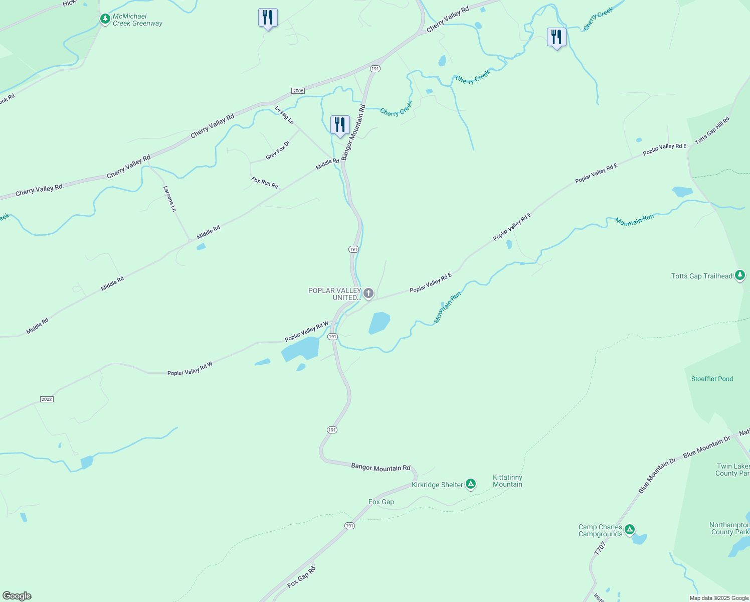 map of restaurants, bars, coffee shops, grocery stores, and more near 1038 Poplar Valley Road East in Stroudsburg