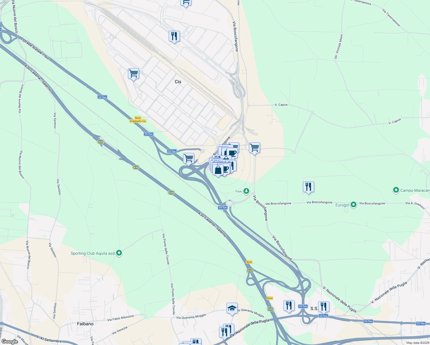 map of restaurants, bars, coffee shops, grocery stores, and more near Via Boscofangone in Città Metropolitana di Napoli
