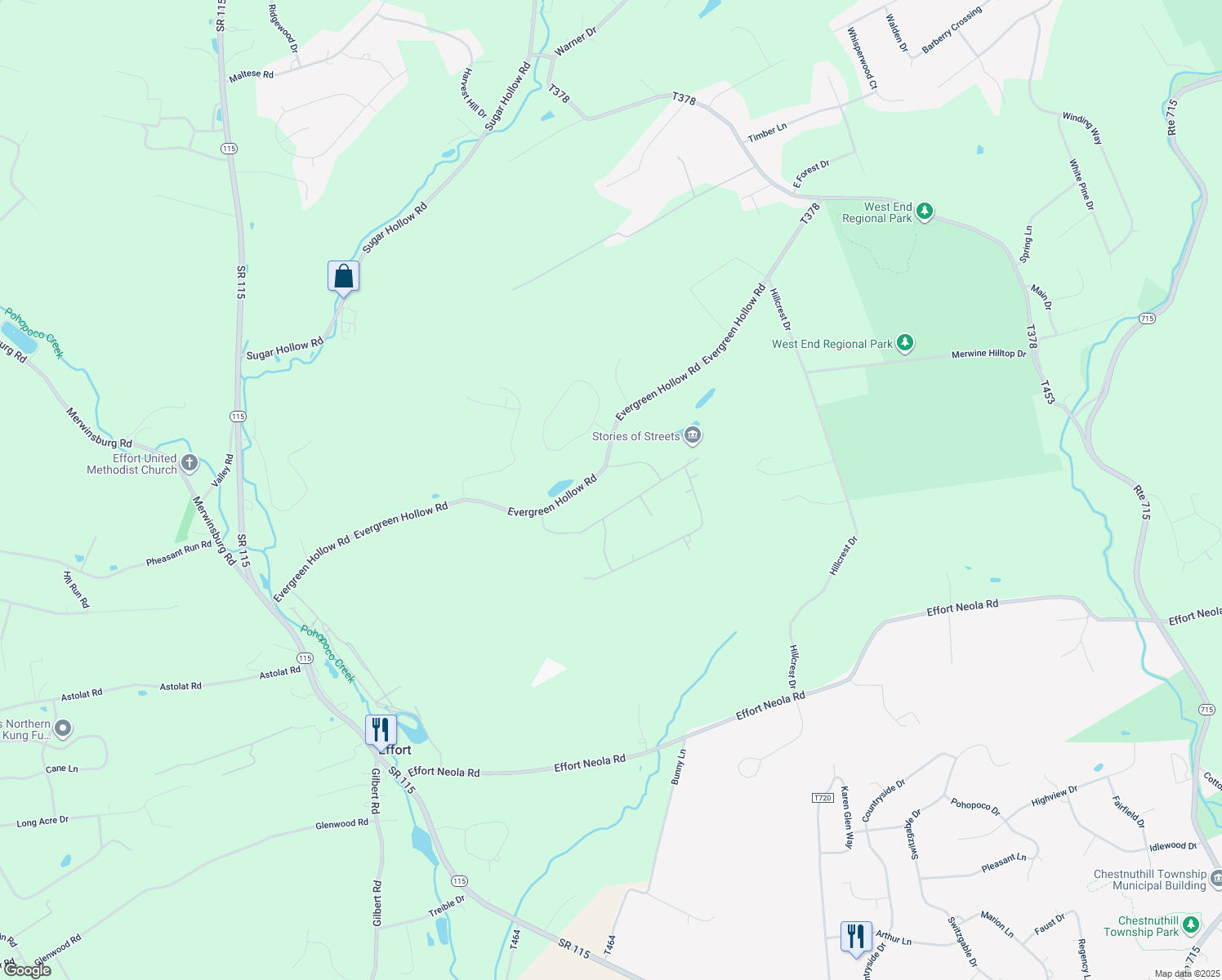 map of restaurants, bars, coffee shops, grocery stores, and more near 152 Comanche Pines Road in Effort
