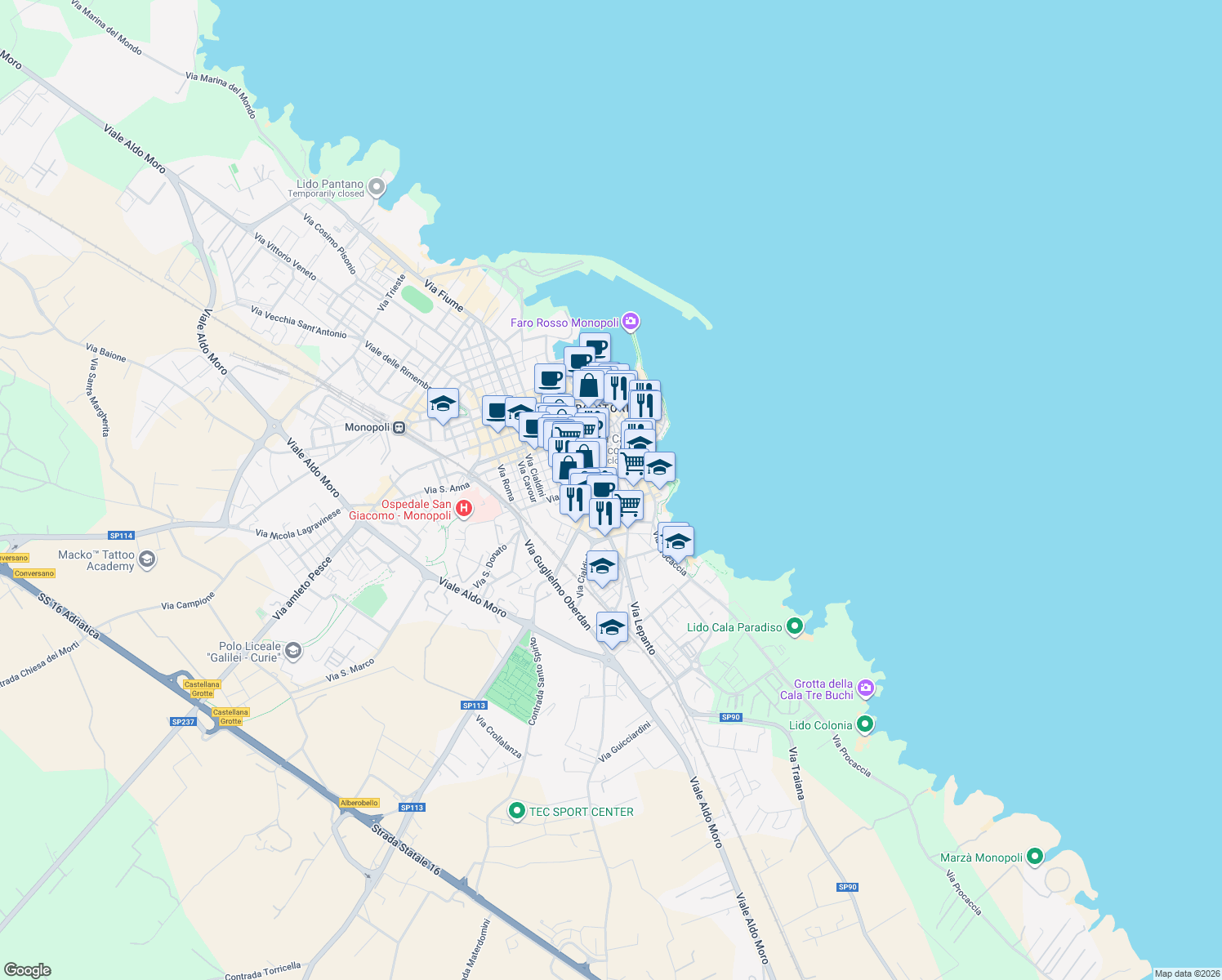 map of restaurants, bars, coffee shops, grocery stores, and more near 6 Via Levi in Monopoli