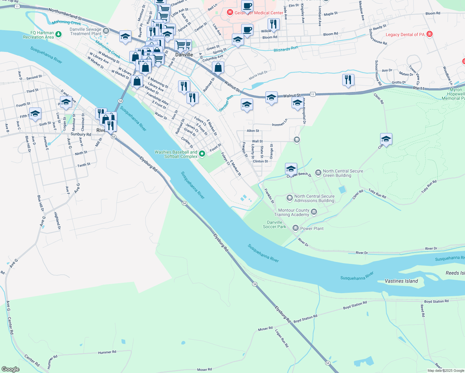 map of restaurants, bars, coffee shops, grocery stores, and more near Fishers Ct in Danville