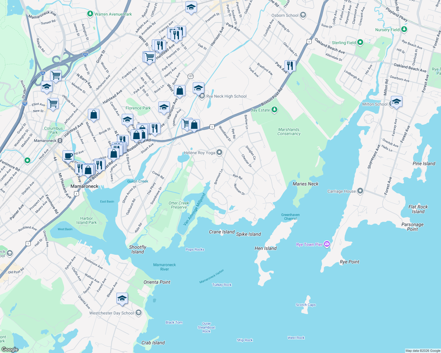 map of restaurants, bars, coffee shops, grocery stores, and more near 41 Brevoort Lane in Rye