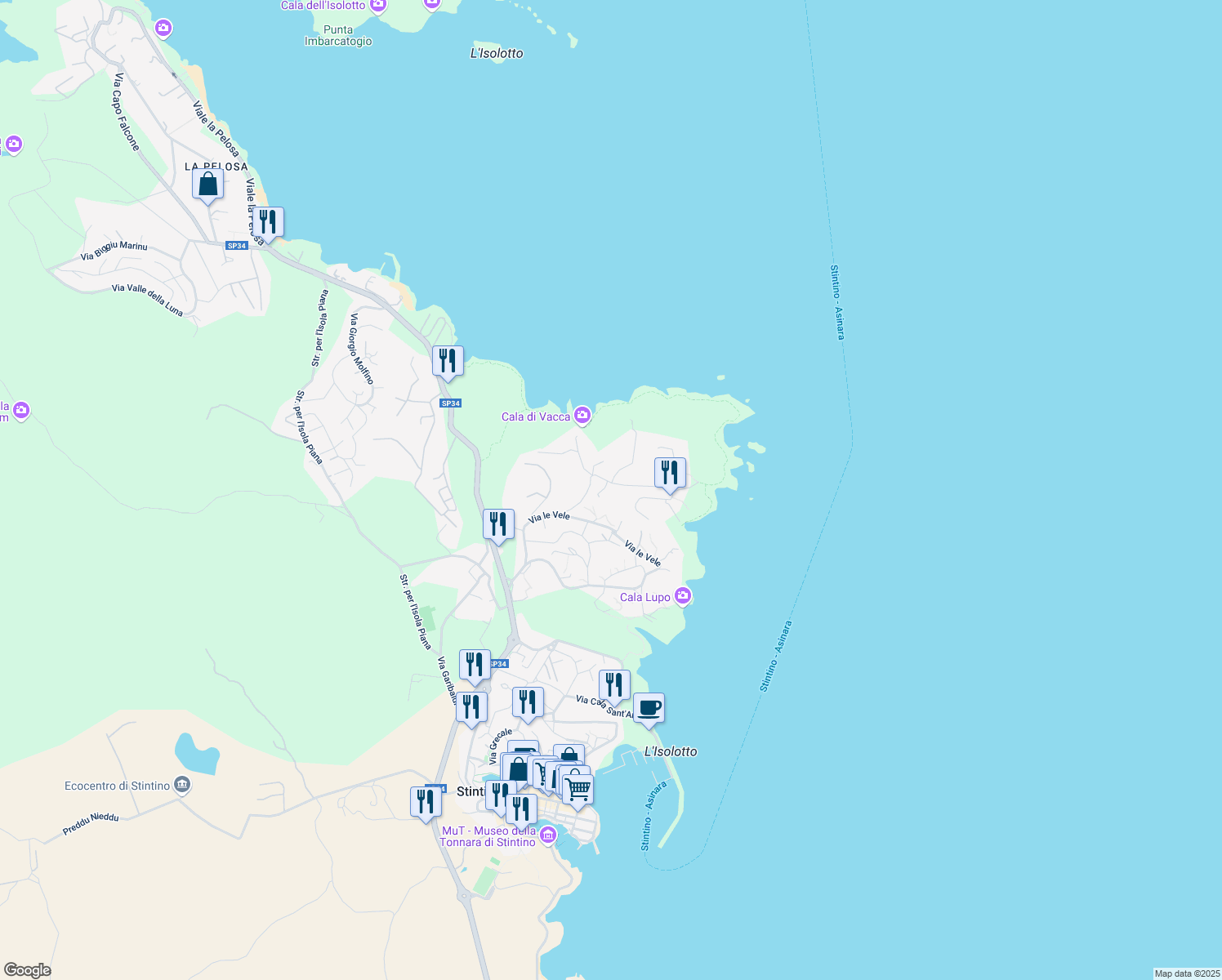 map of restaurants, bars, coffee shops, grocery stores, and more near 62 Via Punta Negra in Stintino