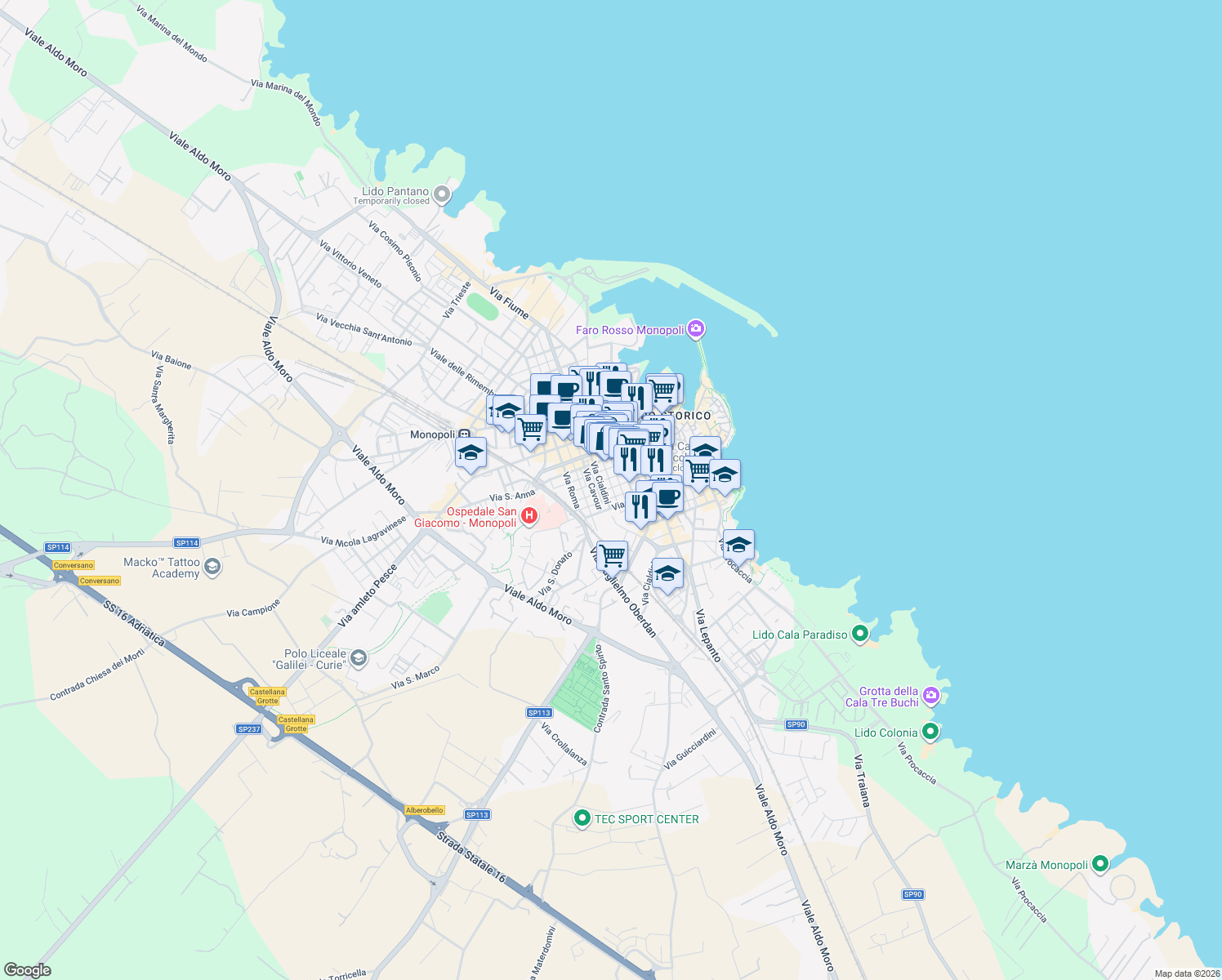 map of restaurants, bars, coffee shops, grocery stores, and more near 71 Via Giuseppe Mazzini in Monopoli