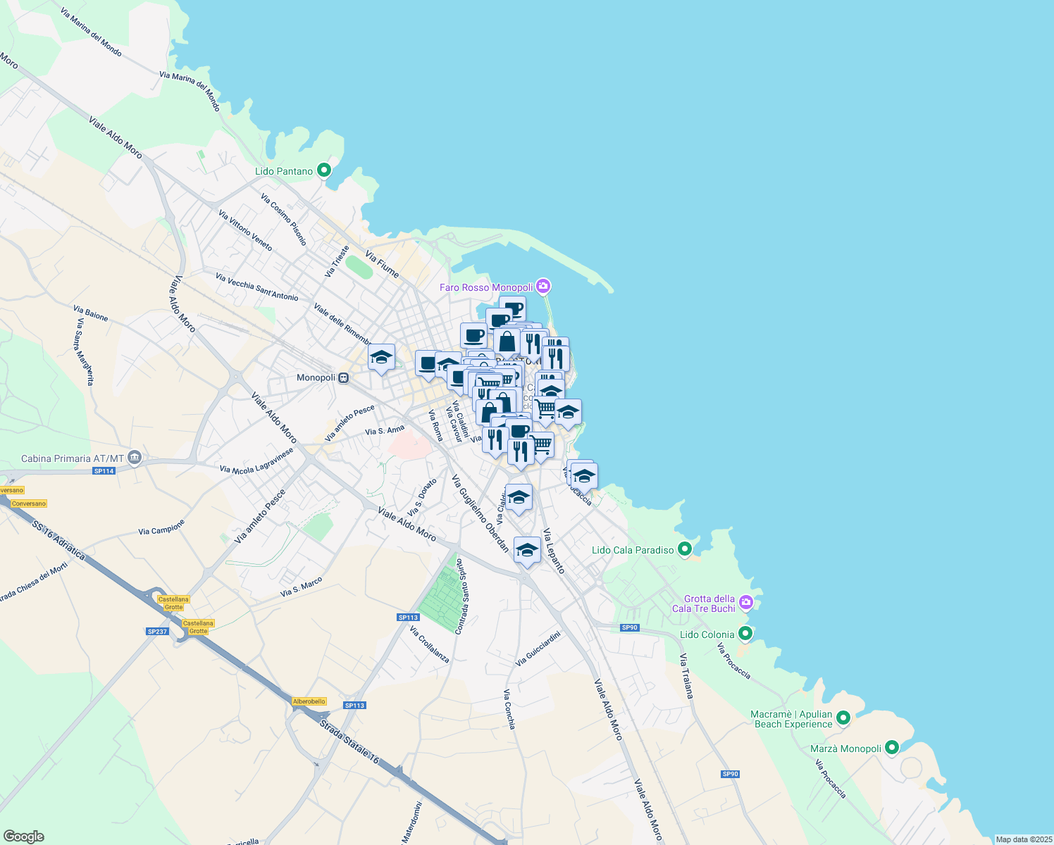 map of restaurants, bars, coffee shops, grocery stores, and more near 6 Via Levi in Monopoli