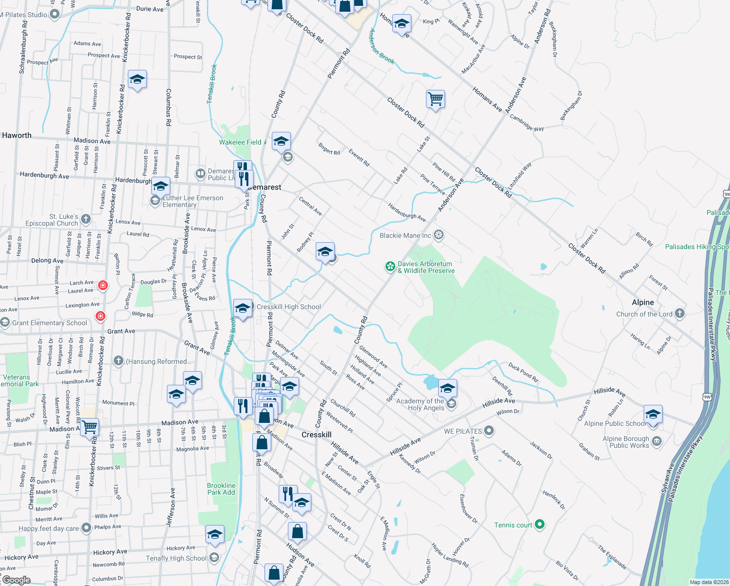 map of restaurants, bars, coffee shops, grocery stores, and more near 52 Edward St in Demarest