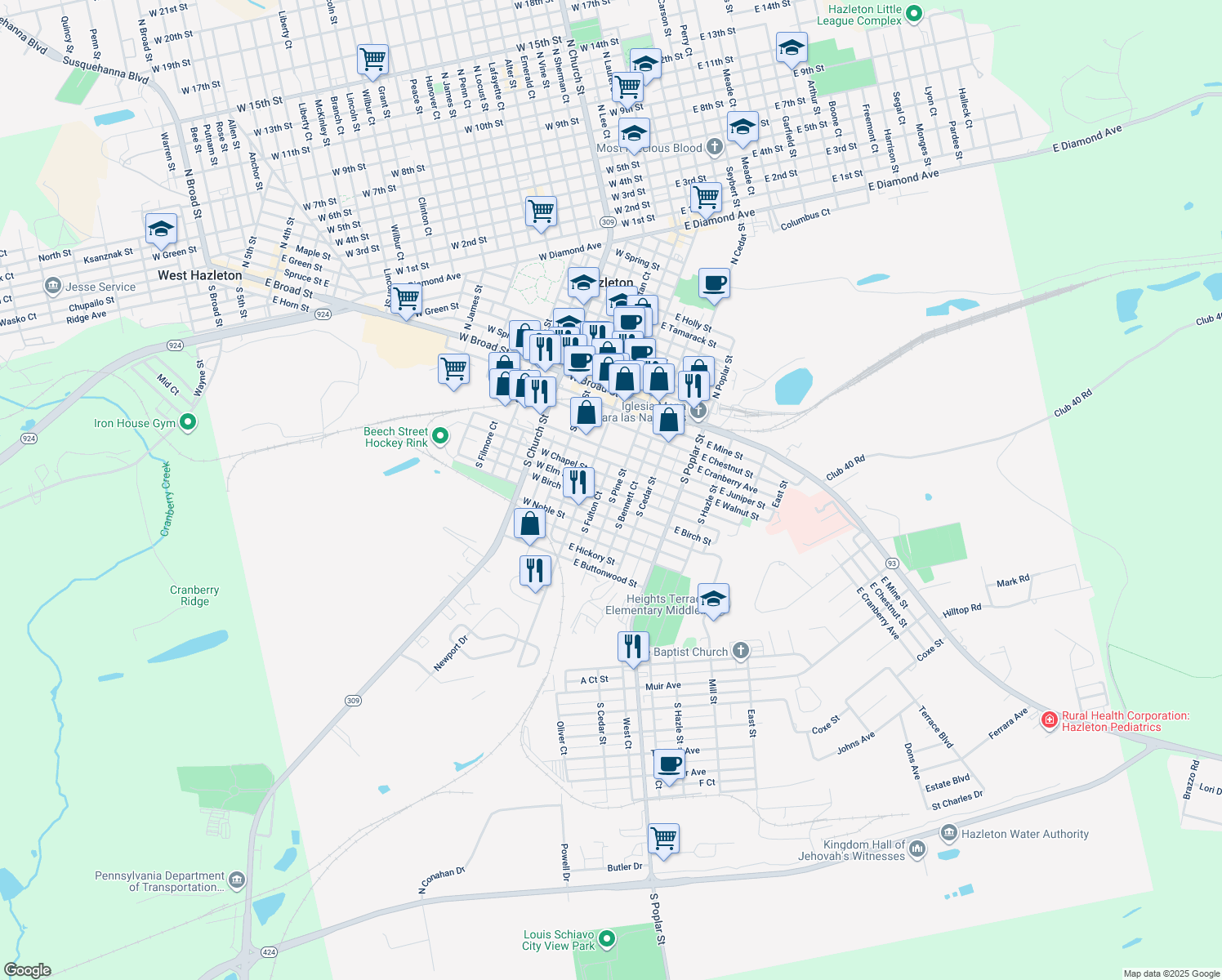 map of restaurants, bars, coffee shops, grocery stores, and more near 121 South Fulton Court in Hazleton
