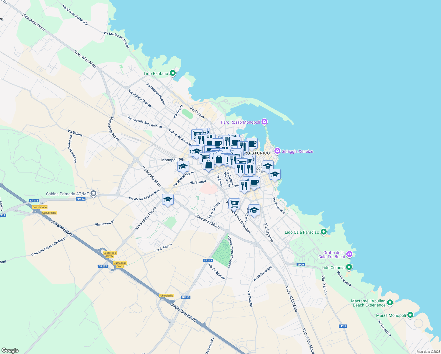 map of restaurants, bars, coffee shops, grocery stores, and more near 26 Via Roma in Monopoli