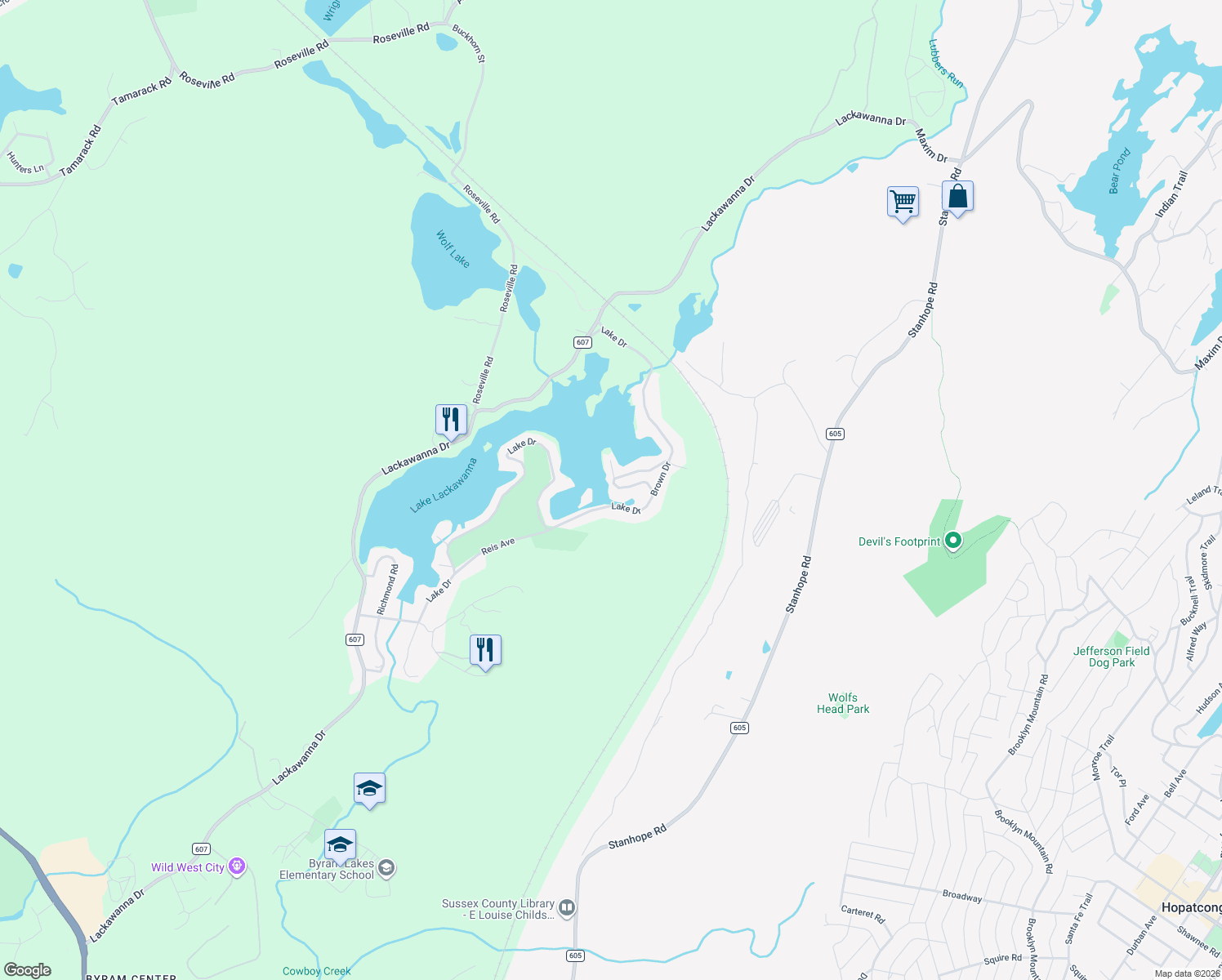 map of restaurants, bars, coffee shops, grocery stores, and more near 185 Lake Drive in Stanhope