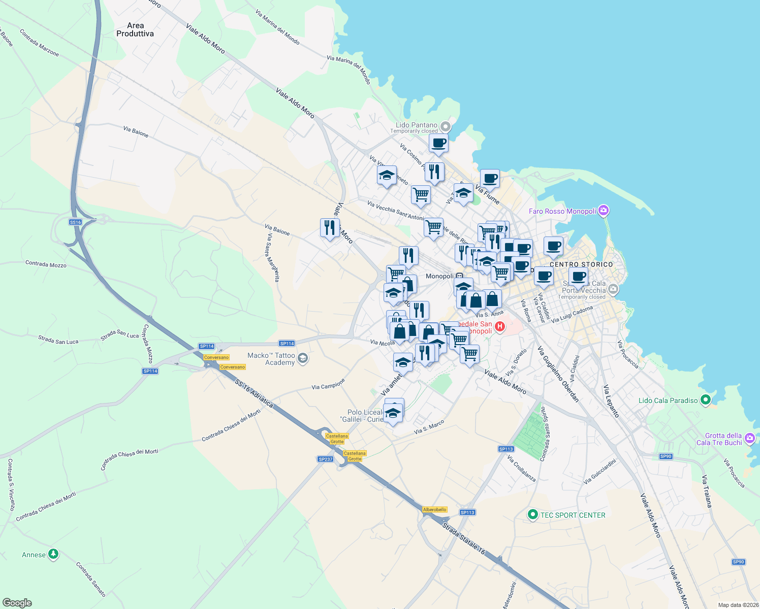 map of restaurants, bars, coffee shops, grocery stores, and more near 2 Via Andrea Mantegna in Monopoli