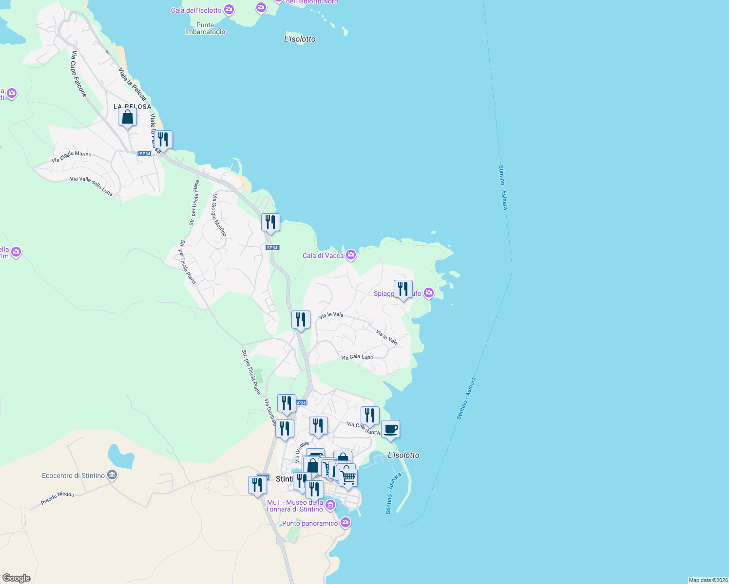 map of restaurants, bars, coffee shops, grocery stores, and more near 62 Via Punta Negra in Stintino