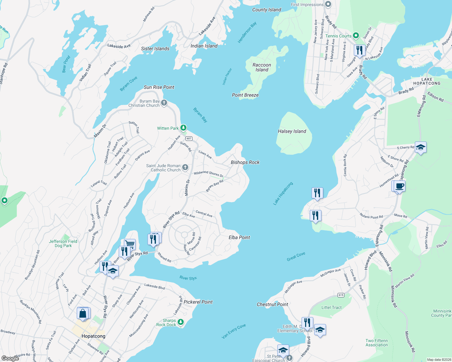 map of restaurants, bars, coffee shops, grocery stores, and more near 12 Sand Harbor Road in Hopatcong